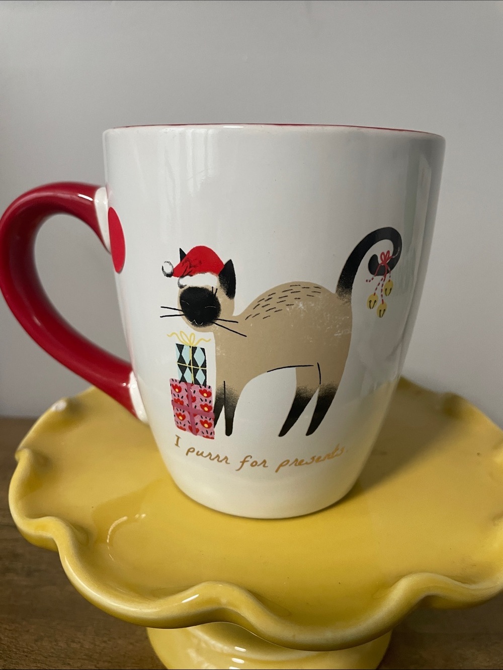 Festive Cat Ceramic Coffee Mug - Red Handle